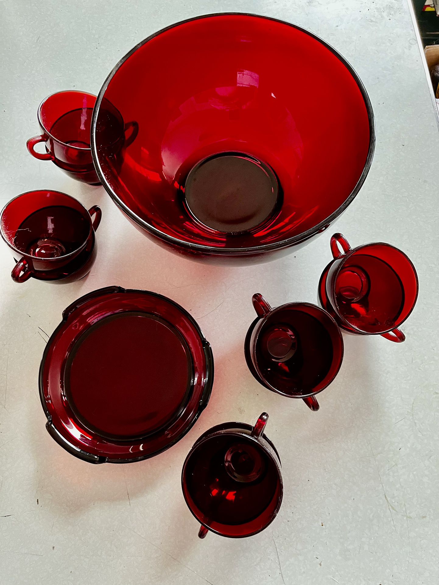 Vintage Ruby Red Punch Bowl Set