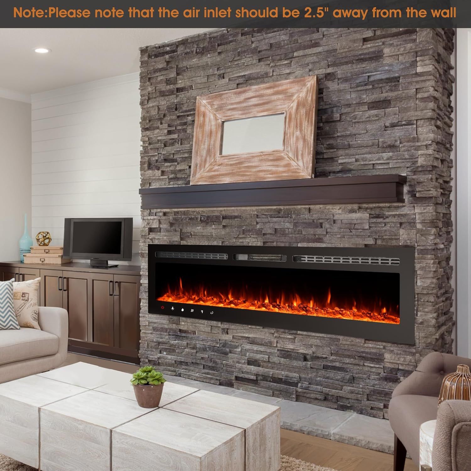 80 inch Ultra Thin Electric Fireplace Recessed and Wall Mounted with Touch Screen Control Panel/Remote Control TimerRealistic 5 Flame Log & Crysta