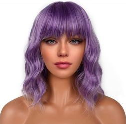 Short Bob Wigs with Bangs for Women Loose Wavy Wig Curly Wavy Shoulder Length Bob Synthetic Cosplay Wig for Girl Colorful Costume Wigs (Violet)