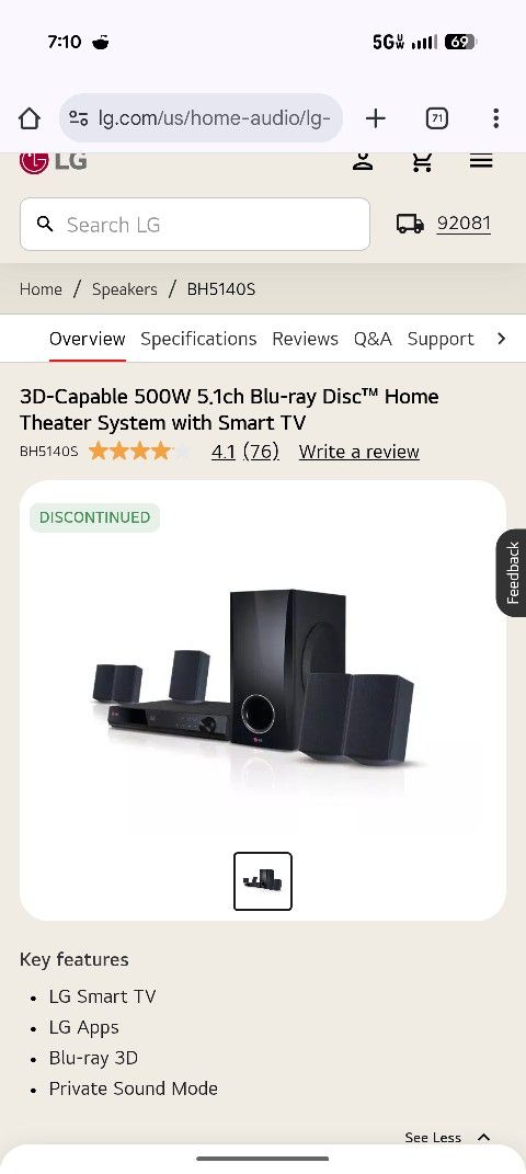 New LG 5.1 Channel 500W Smart 3D Blu-ray Home Theater System (BH5140S)