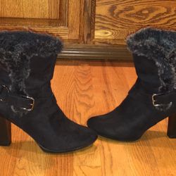 DANA BUCHMAN LADIES CONNIE BLACK VEGAN SUEDE FUR BUCKLE BOOTS BOOTIES SIZE 8 M
