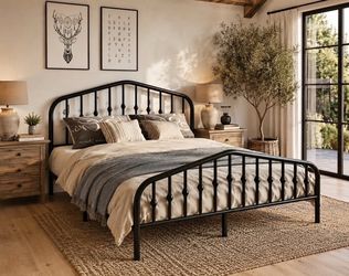 Queen Size Metal Platform Bed Frame with Victorian Style Wrought Iron-Art