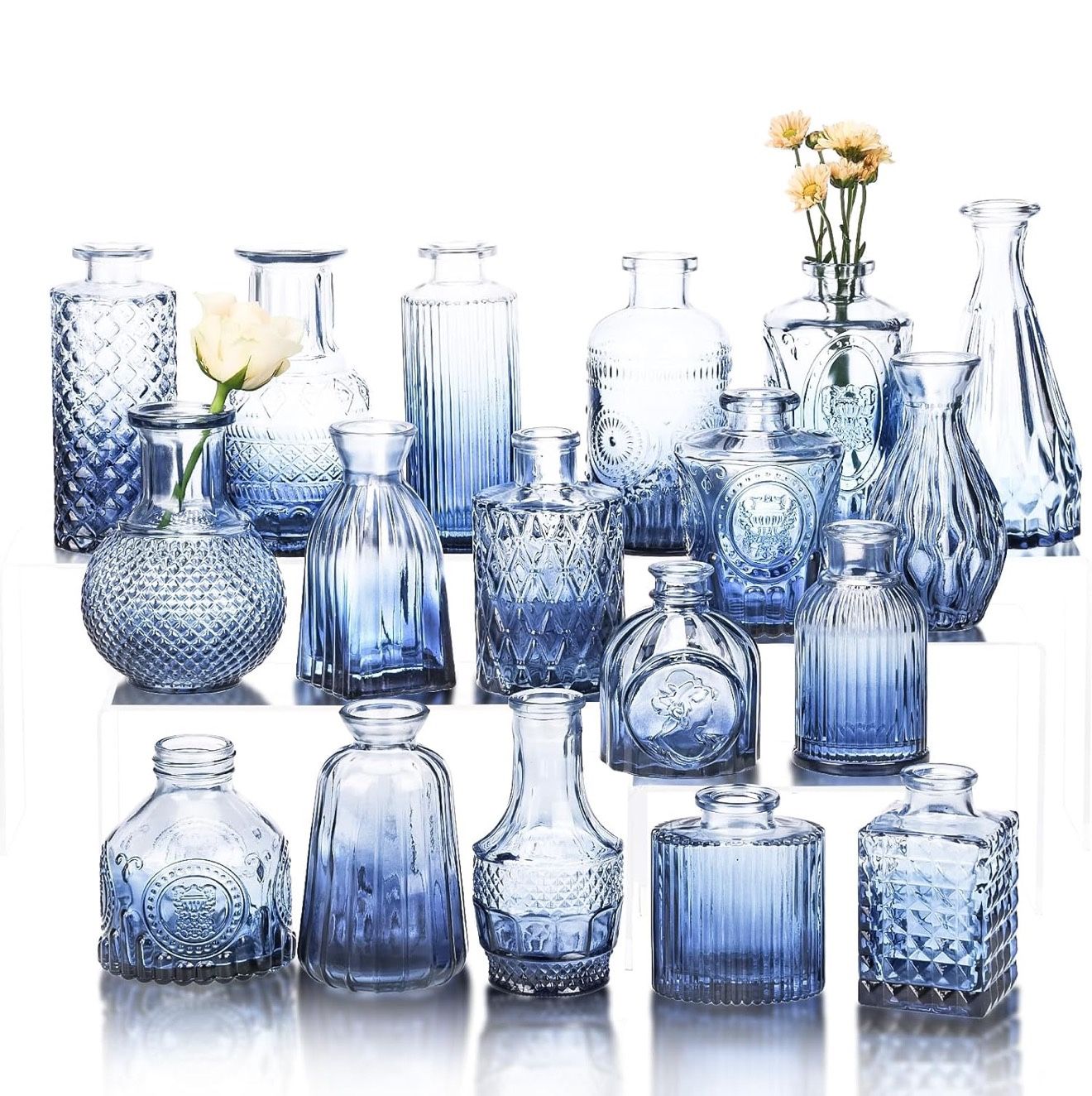 Set of 18 Blue Bud Vases for Flowers, Vintage Clear Glass Vases Small Vases for Centerpieces