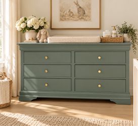 Sage green bedroom set - 6 drawer dresser, 5 drawer chest and pair of 2 drawer nightstands