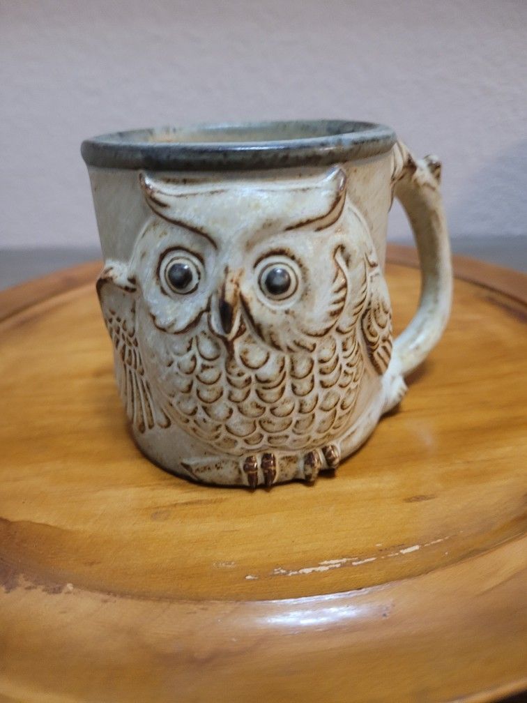 Vintage Stoneware Brown Speckle Glaze Owl Mug Tree Branch Handle Japan 1970’s 