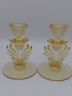 Beautiful Vintage Fostoria Baroque Topaz Glass Candlestick Holders