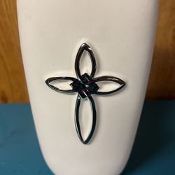 Silver Cross Vase, 8” Tall FTD Square Tapered Off White Ceramic Vase With Shiny Silver Cross 
