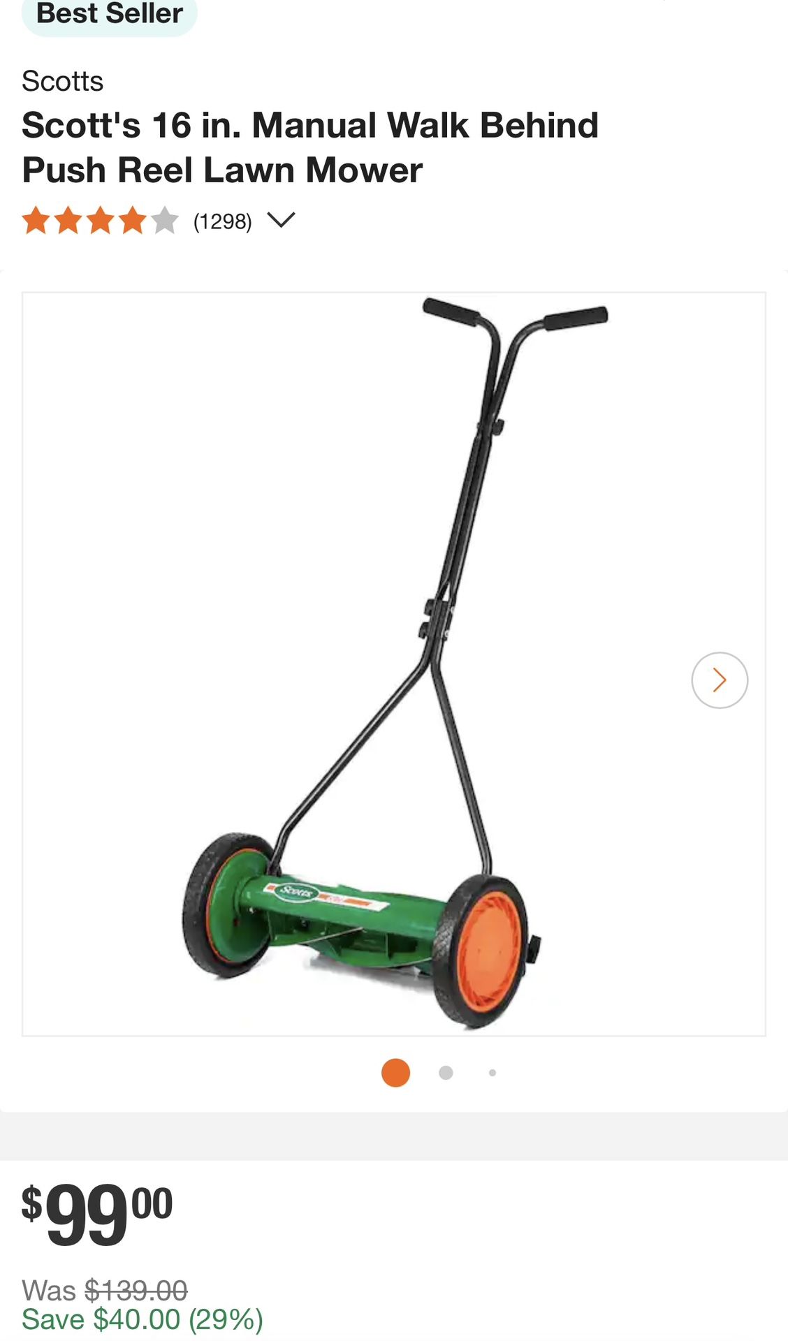 Scotts Scott’s 16 In. Manual Walk Behind Push Reel Lawn Mower
