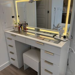 Modern White LED Lighted Makeup Vanity with Glass Top, Stool, and Storage – Already Assembled