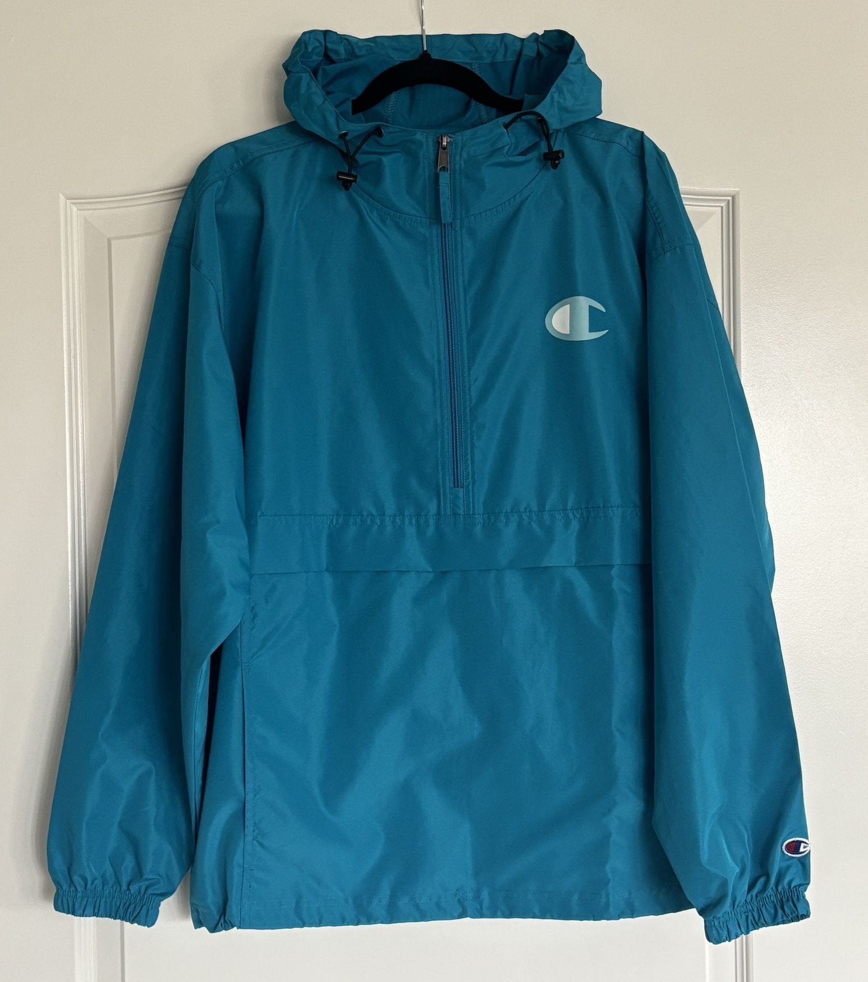Men's Large Champion Jacket Aqua Blue Packable Lightweight 1/4 Zip Hooded Anorak
