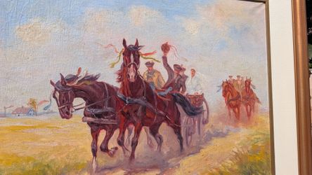 Original oil on canvas western art painting Mid-Century horses artwork framed vintage horse depiction