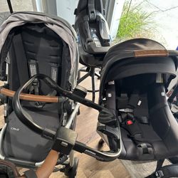 NUNA infant car seat, Uppababy Cruz Stroller, adapter, piggyback board stand, car seat base