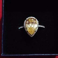 Yellow Pear Shaped Cubic Zirconia Sterling Silver Ring 