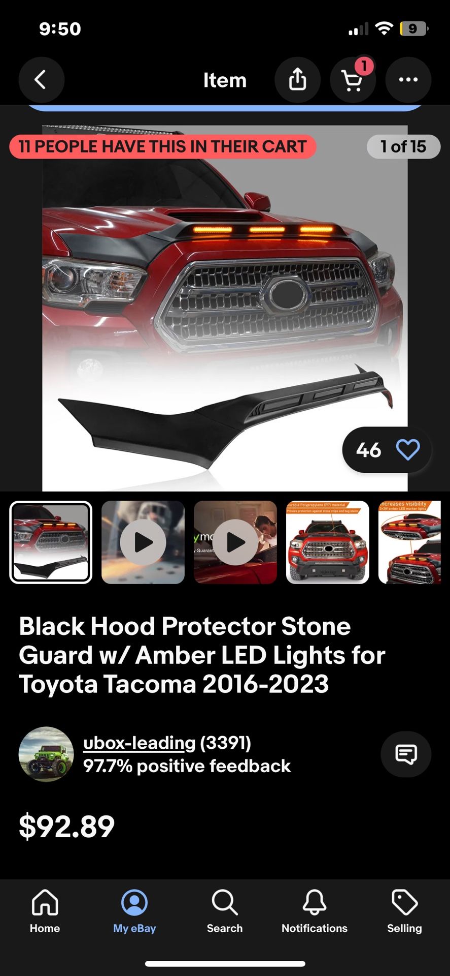 Black Hood Protector Stone Guard W/ Amber LED Lights For Toyota Tacoma 2016-23