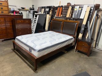 Queen Bed Frame with Leather Upholstered Headboard