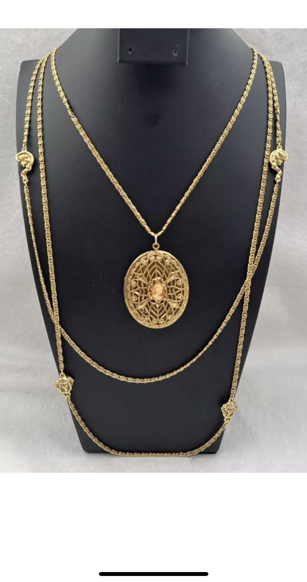 Vintage Large Victorian Ornate Cameo Locket Pendant on Triple Strand Necklace