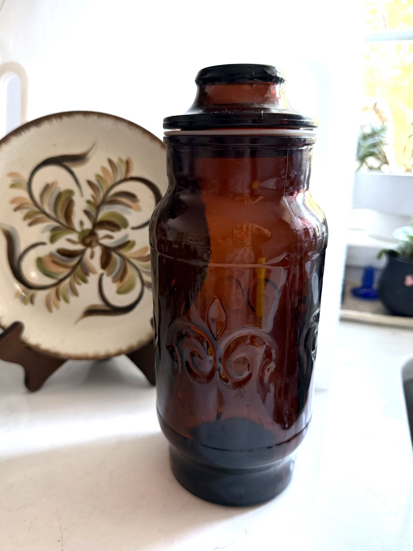 Borden Cremora Brown Glass Canister Fleur De Lis Apothecary Storage Jar - Vtg Mid Century 8” tall