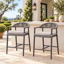 Set of 2 Gray Woven Rope Patio Bar Stools with Cushions