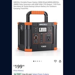 GRECELL Portable Power Station 300W (Peak 600W),GRECELL 288Wh Solar Generator with 60W USB-C PD Output, 110V Pure Sine Wave AC Outlet Backup Lithium B