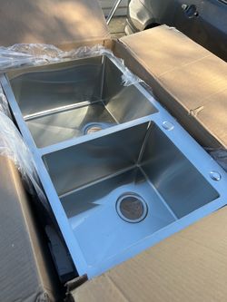 32" x 19" Overmount Handmade Sink, Stainless Steel Double Bowl, Brushed Nickel with Drain and Hook, CZY-SS-BR03D-321908