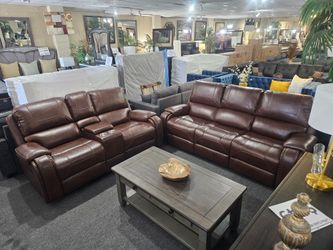 Brand new brown bonded leather manual reclining sofa + rocking loveseat with cup holders, usb chargers, cup holders
