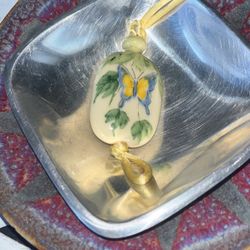 Vintage Avon 1979 "Tender Butterfly Ceramic Pendant" Necklace White Ceramic Pendant w/Butterfly Scene Hand-Painted In Brazil 