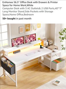 EnHomee 56.5" White Office Desk with Drawers