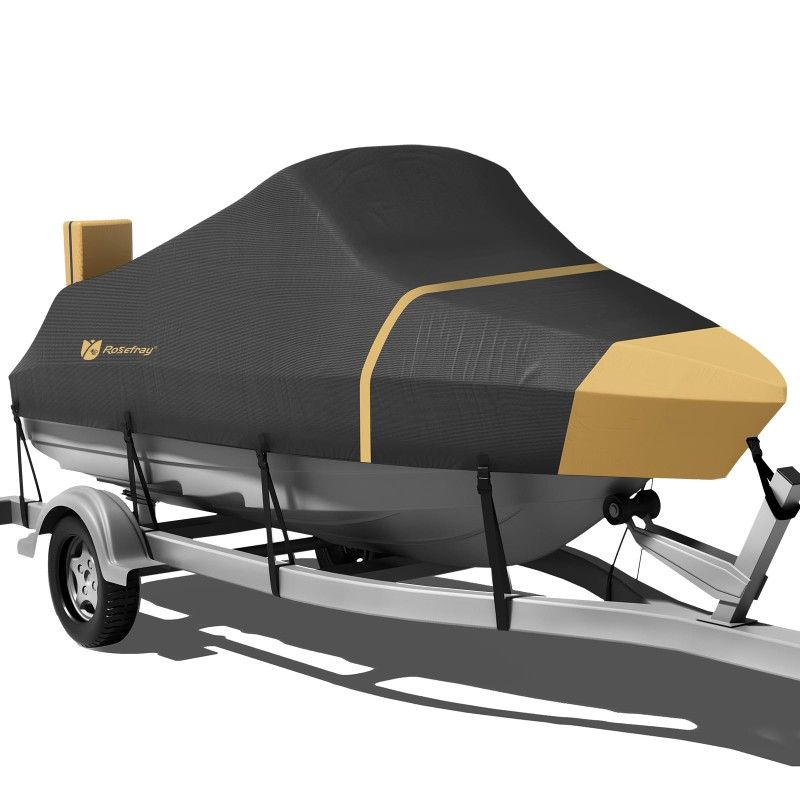 Rosefray 900D Boat Cover, Heavy Duty Waterproof Bass Boat Covers with Motor Cover Fits V-Hull/Tri-Hull/Fish/Ski/Runabout Boat,Fade-Proof Trailerable B