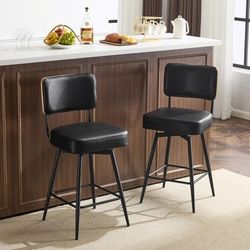  26" Swivel Bar Stools Set of 2, Upholstered PU Leather BarStools with Wood Backs and Metal Legs, Counter Height Barstool for Kitchen Island & Outdoor