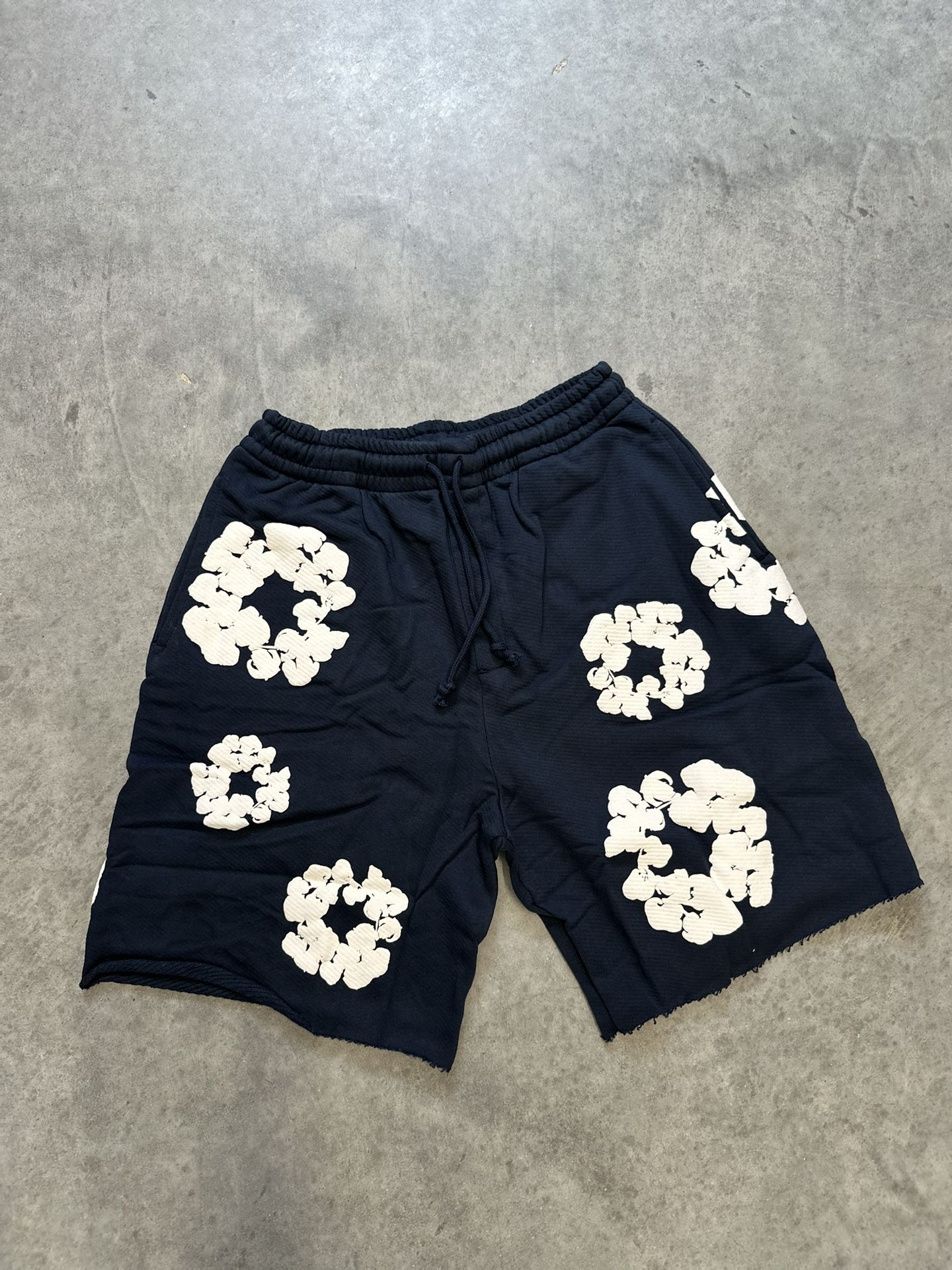 Navy Denim Tear Sweat Shorts / Medium