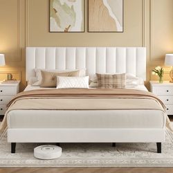 King Size Modern Velvet Upholstered Platform Bed Frame - Adjustable Tufted Channel Headboard - Sturdy Support, Easy Assembly, No Box Spring Needed - B