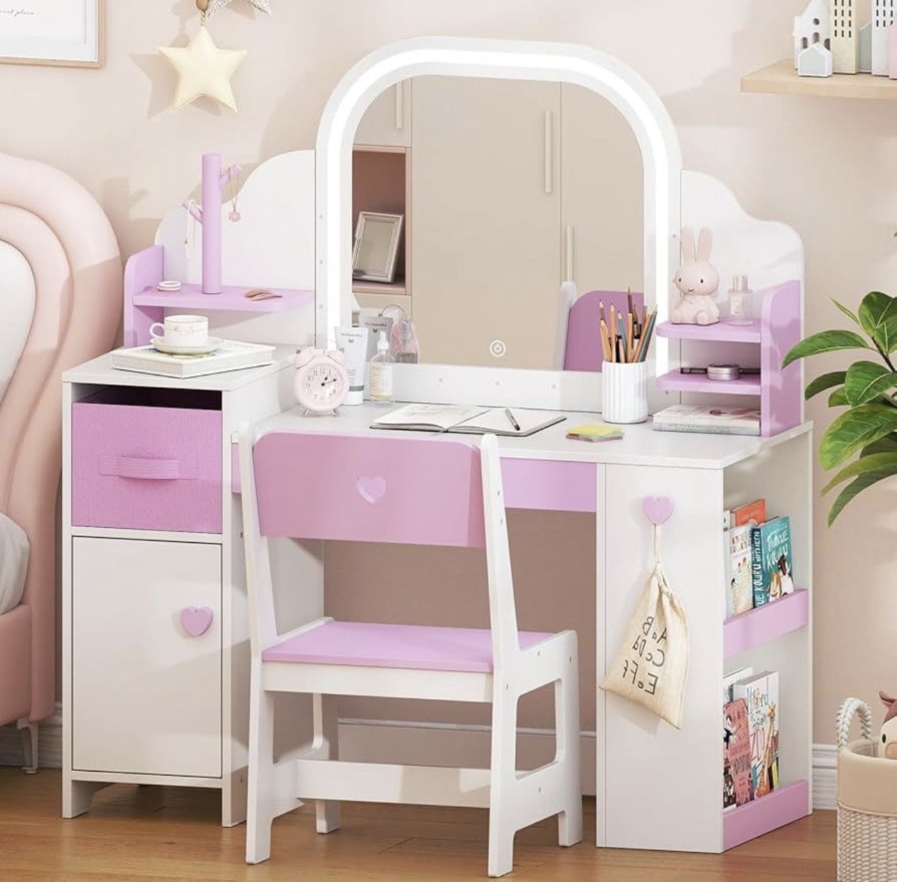 Children's Vanity Table with Lights and Chair, Princess Makeup Desk with Mirror Shelf Storage Cabinet, 3-in-1 Dressing Table, Kids Makeup Vanity Table