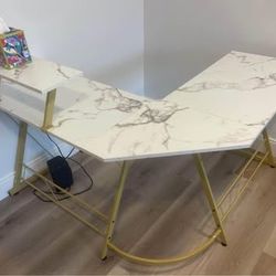 White/Gold L Shape Desk