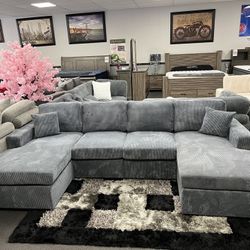 Dark Gray Corduroy Sofa Sectional w/ Double Chaise 