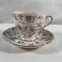 TUSCAN Fine Bone China Pink Rose Footed Teacup Cup & Saucer Gold Trim