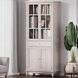 SunsGrove 72.8" White Oak Bookcase with Glass Doors & Drawer T-11