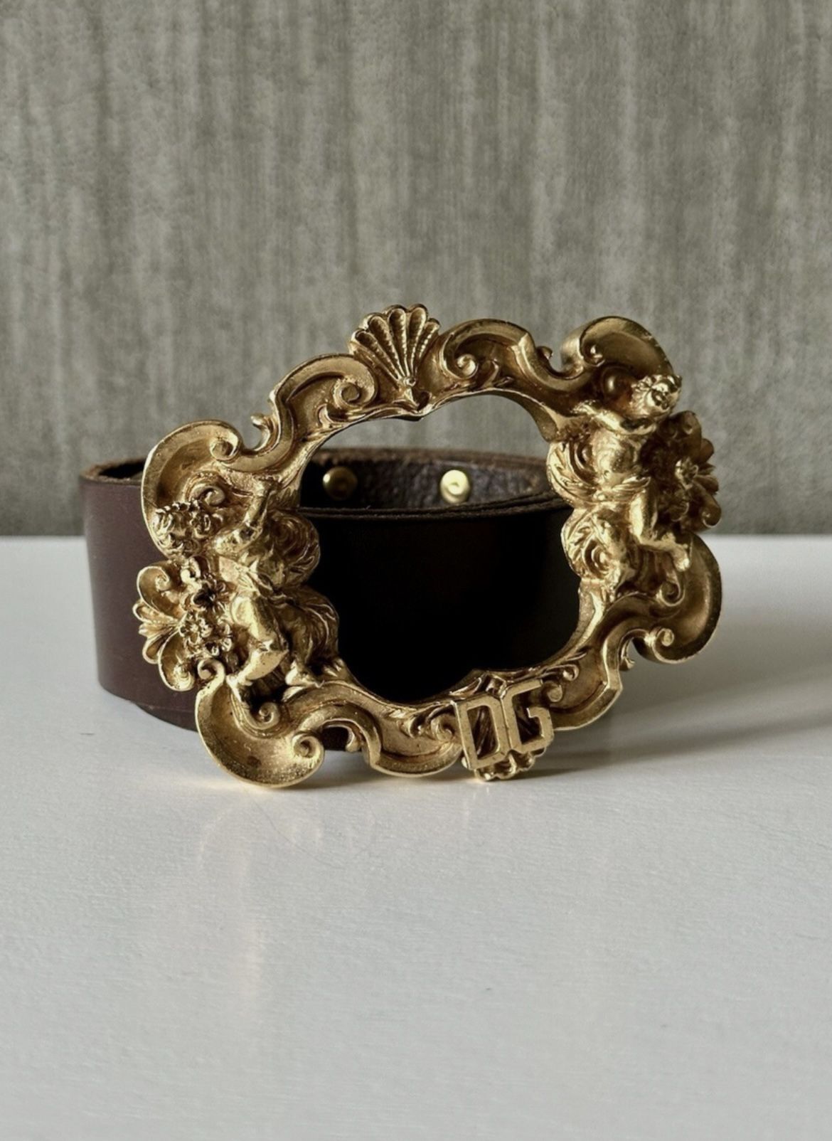 Vintage Dolce & Gabbana Angel x DG Buckle Leather Belt Brown Gold 36 IN / 90CM