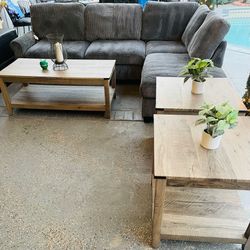 Gray Corduroy L Shaped Sectional Couch With USB Charging Ports, 2 Side Tables And A Coffee Table