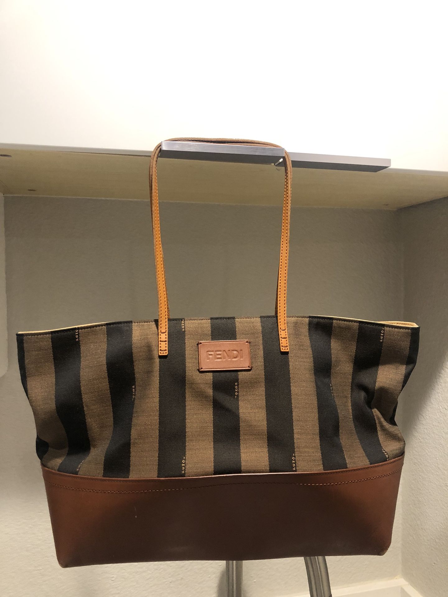 Fendi Tobacco Pequin Striped Canvas And Leather Bag