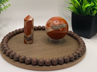 Natural hand carved red Jasper sphere and tower bundle. Sphere 254 g 56 mm tower 58 g 2.7 inches.