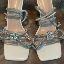 White Rhinestone Ankle Strap High Heels