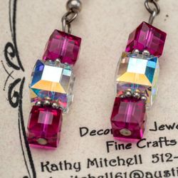 Bali Sterling Silver 925 Aurora Borealis Pink Crystal Beaded  Earrings
