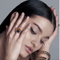 18k rose gold blue topaz baguette ring with diamonds and rhodolite stones