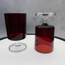 Set of (11) Vintage Luminarc Arcoroc Cavalier Ruby Red Small wine glass made in France during the 1970s. Features a cylindrical, barrel-shaped ruby re