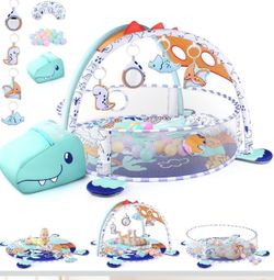 WeeHomm 5-in-1 Baby Play Mat - Dinosaur Themed Activity Gym for Babies 0-6 Months with Ball Pit, Detachable Sensory Toys, Pillow, Machine Washable