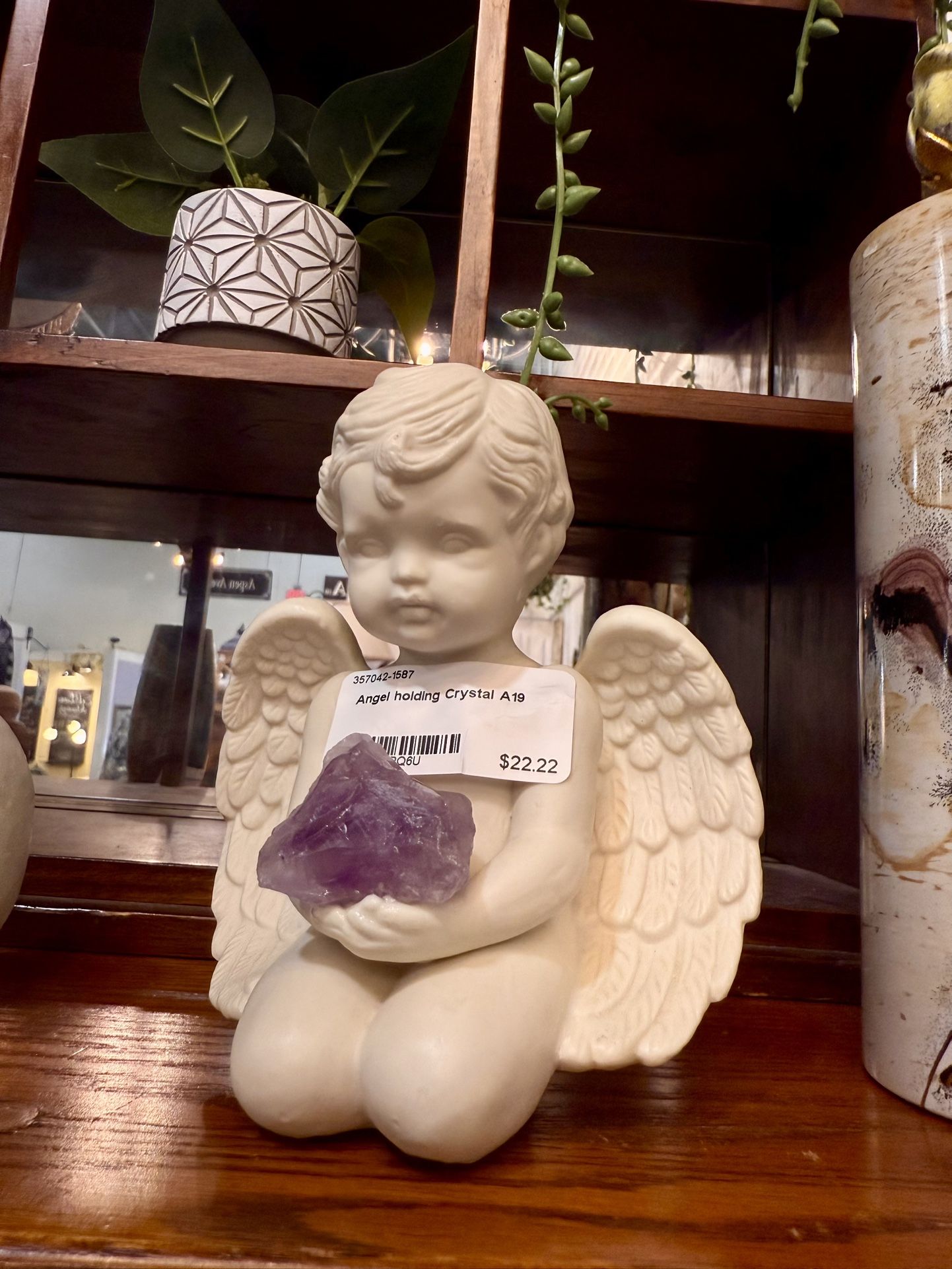Vintage Style Cherub Angel Ceramic Statue Figure Holding A Natural Raw Amethyst Cluster