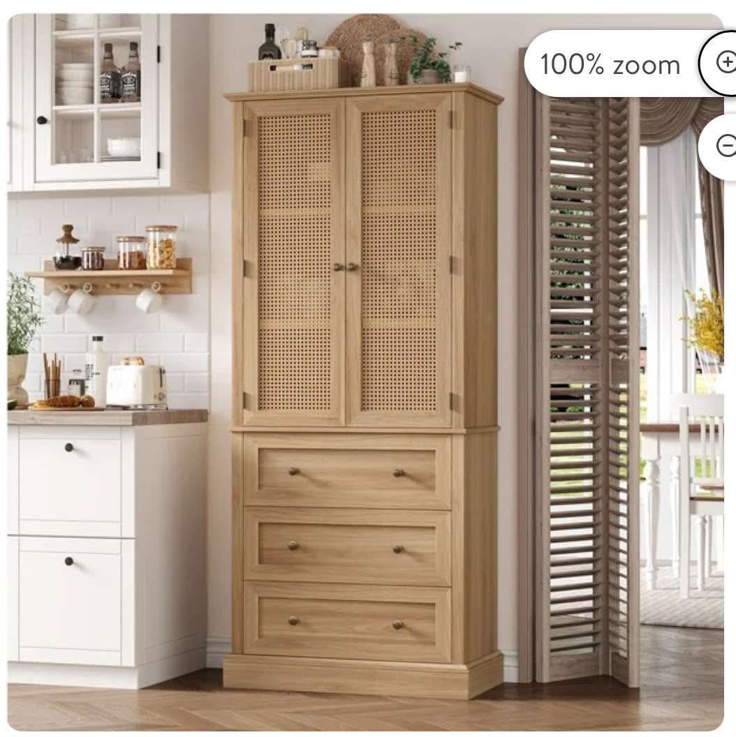 73" Tall Kitchen Pantry, Rattan Doors Pantry Cabinet with 3 Drawers and Adjustable Shelf, Walnut H-44