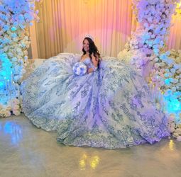 Sparkly Blue Off the Shoulder Beaded Applique Princess Tulle Quinceanera Dress