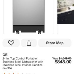 GE 24 in. Top Control Portable Stainless Steel Dishwasher with Stainless Steel Interior, Sanitize, 54 dBA