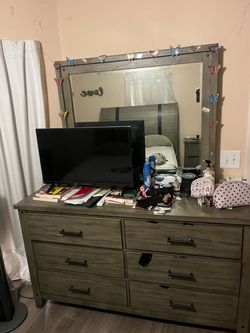 Gray Wood Dresser with Mirror